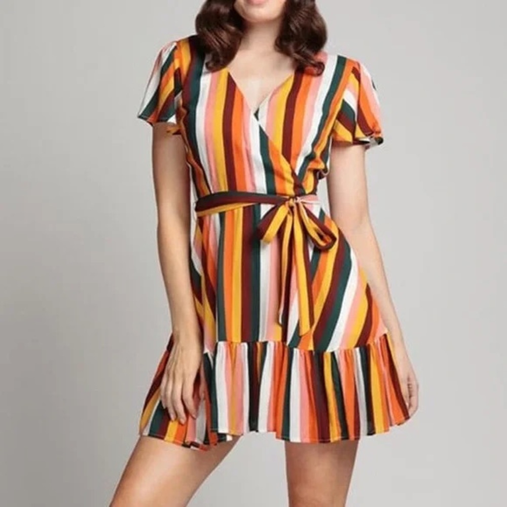 Collectif Molly wrap style multi coloured striped mini dress size Large
